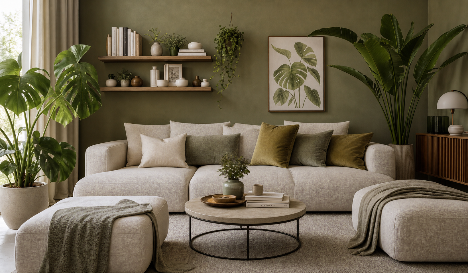 Olive-toned living room with botanical styling