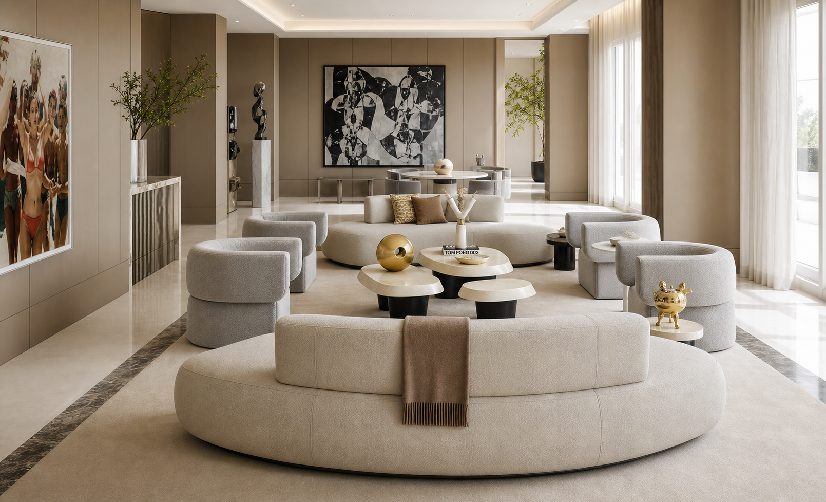Soft luxury lounge interior with layered seating