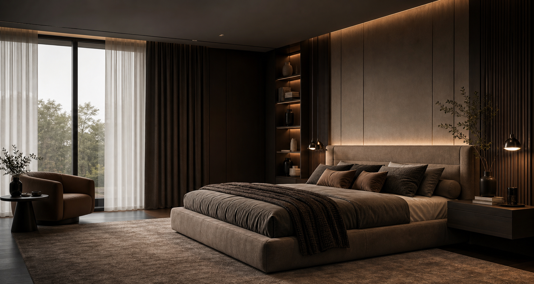 Dark luxury bedroom with warm lighting and upholstered bed