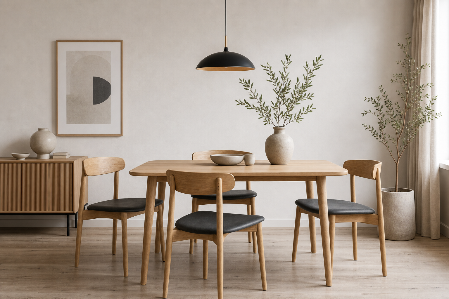 Oak dining room with sculptural pendant light