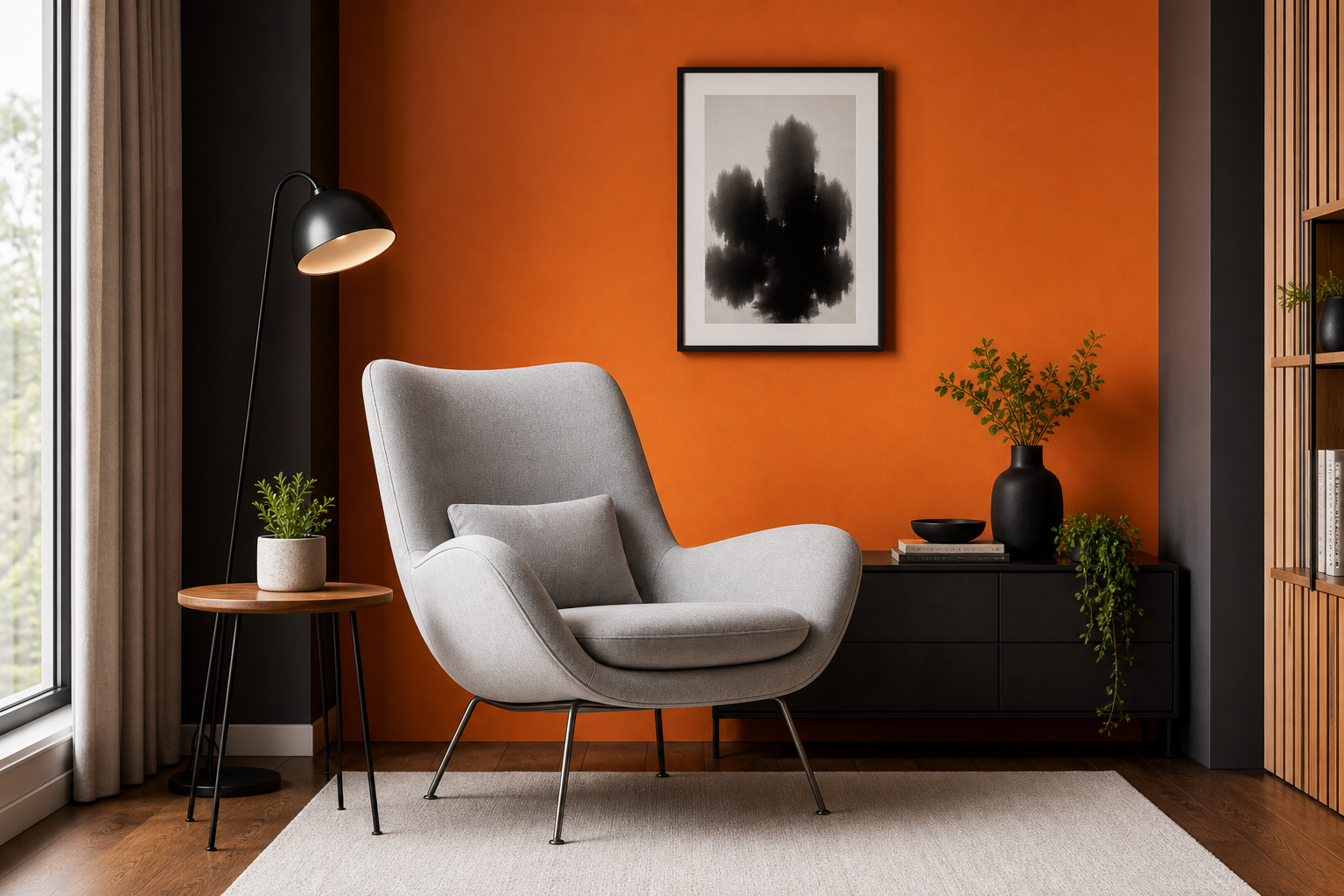 Warm reading corner with lounge chair and statement wall